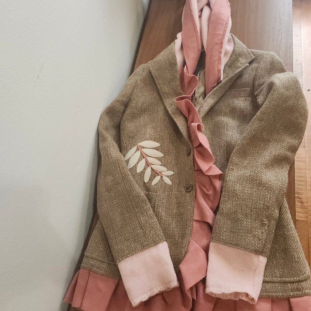 Bella Sisters Handmade OOAK Upcycle Pink Tan Hooded Ruffle Floral Jacket Coat